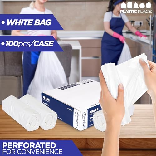Durable Plastic Trash Bags for 55-60 Gallon Cans │ White │ 100 Count