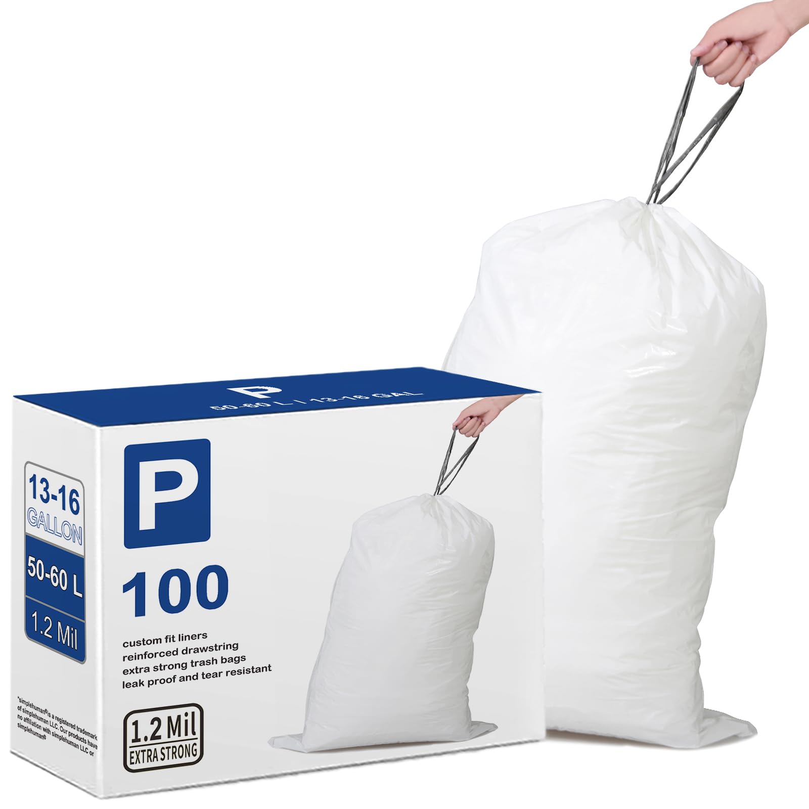 Simplehuman Code P Trash Can Liners - 100 Count 1.2 Mil Thick - 13-16 Gallon - White