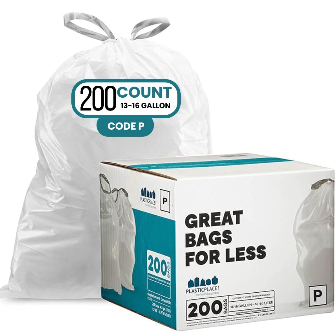 Custom Fit White Trash Bags for simplehuman Code P Cans (200 Count)