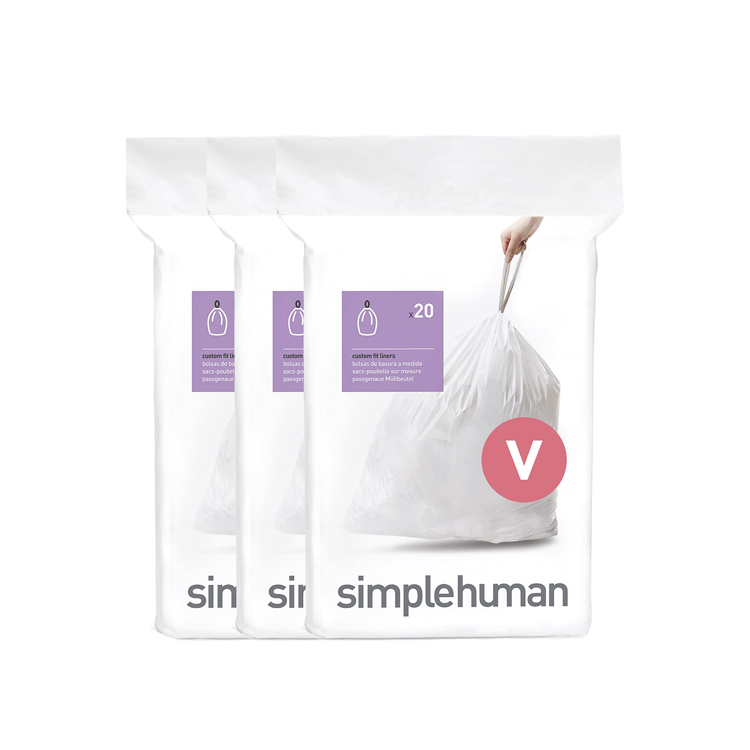 Custom Fit Trash Bags for 16-18 Liter / 4.2-4.8 Gallon Bins by simplehuman, 60 Count Pack, with Drawstring and Dispenser, White