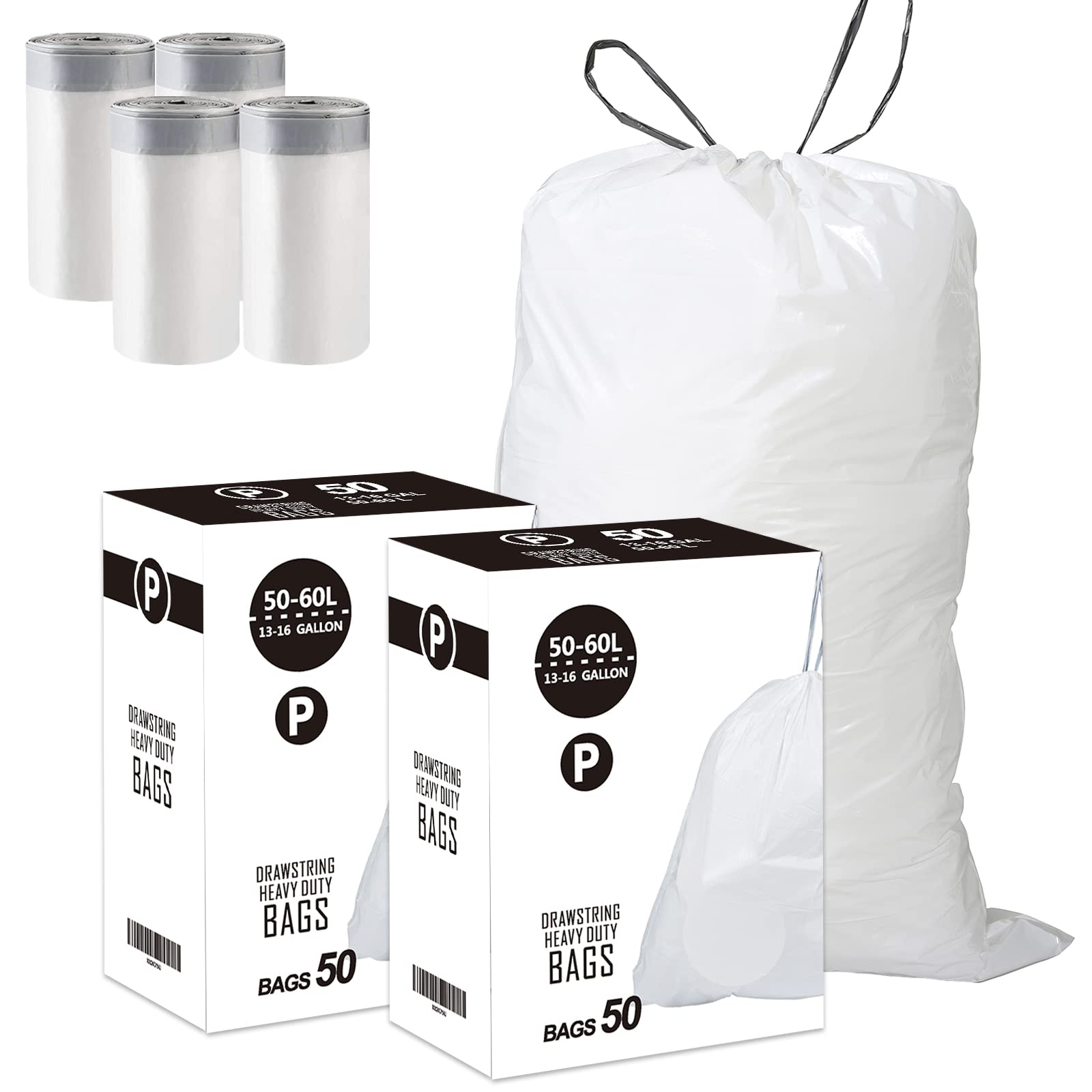 Heavy Duty Drawstring Trash Bags for 13-16 Gallon/50-60 Liter Bins | 2 Packs with 100 Bags Total | Compatible with simplehuman Code P | White Garbage Liners.