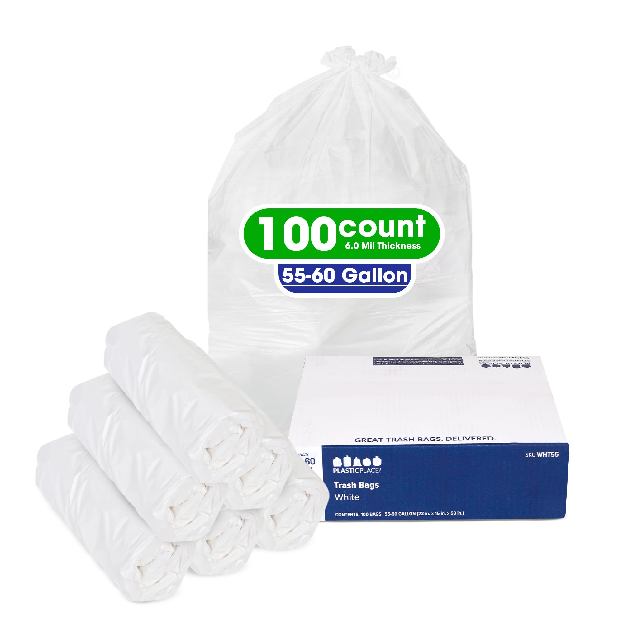 Durable Plastic Trash Bags for 55-60 Gallon Cans │ White │ 100 Count